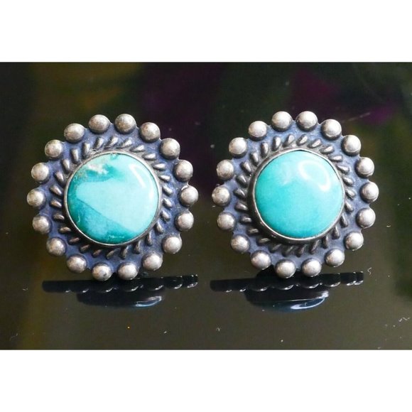 Antique Sterling Silver & Turquoise Pierced Earrings with Threaded Screw Backs - Picture 5 of 9